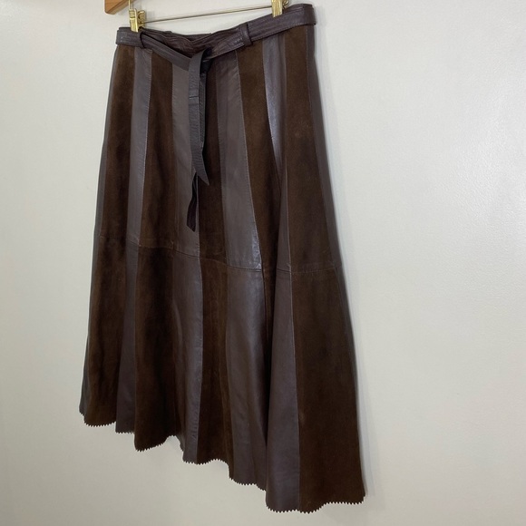 VINTAGE LEATHER SUEDE STRIPED ALINE SKIRT WITH MATCHING LEATHER TIE, ZIGZAG HEM - Picture 4 of 14